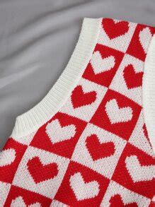 Flirla Heart & Checker Pattern Sweater Vest For New Year Clothes ...