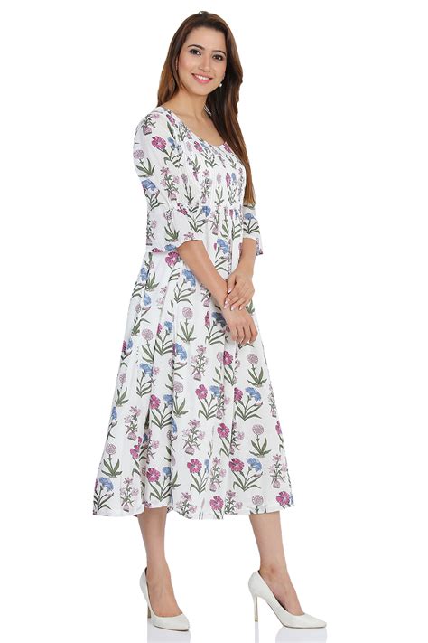 Off White Flared Cotton Printed Dress at Biba India