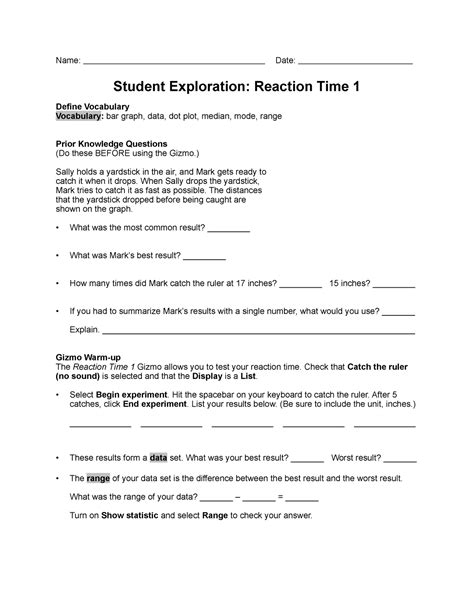 Reaction Time 1SE 3 answers - Name: Date: Student Exploration: Reaction ...