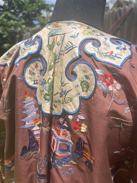 Late 1800s Embroidered Cinnamon Color Silk Chinese Manchu Gown Qing ...