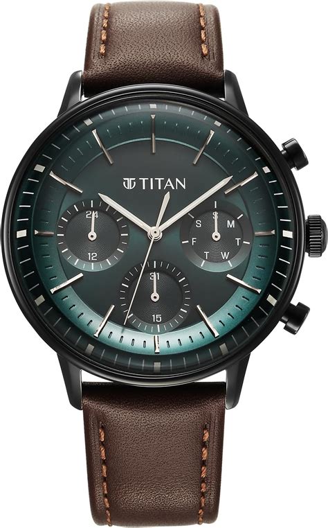 Titan Light Leathers Quartz Multifunction Teal Green Dial Brown Leather ...