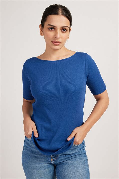 Explore Womens T-Shirt | The Rib Boat Neck Tee Cobalt Blue