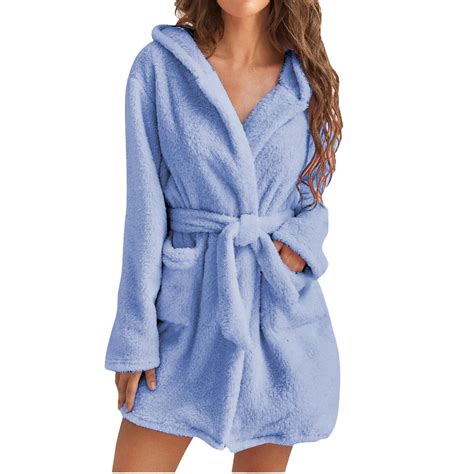 Hvyesh Womens Plush Fleece Bath Robe, Fluffy Mid Thigh Length Bathrobe ...