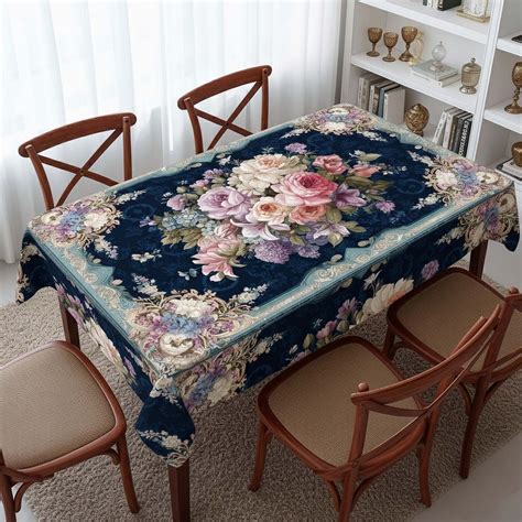 Royal Blue Floral Table Cover – Premium Dining Table Cloth for Elegant ...