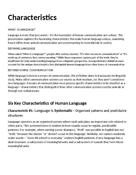 Characteristics of Human Language: Unique Features and Distinctions - Studocu