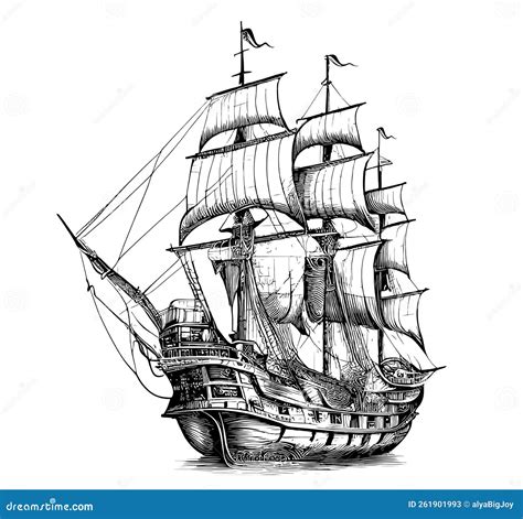 Pirate Ship Hand Drawn Sketch Stock Vector - Illustration of antique ...