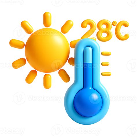 Sun and thermometer showing 28 degrees celsius isolated on transparent ...