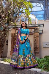 Teal Blue Traditional Lehenga Set with Purple Dupatta & Folk Art Borde