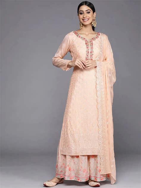 Buy Peach Embroidered Georgette Straight Kurta With Sharara & Dupatta ...