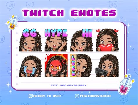 Buy Chibi Girl Twitch Emotes: Brown Curly Hair, Grey Eyes (digital ...