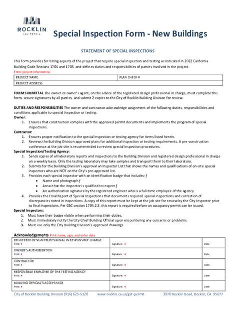 Special Inspection Form - New Buildings - Blank Fillable Template ...