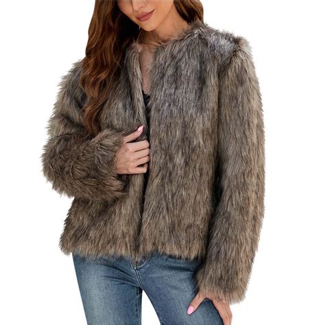 Women Fluffy Faux Fur Coat Cropped Jacket Puffer Jacket Zip Up Winter ...