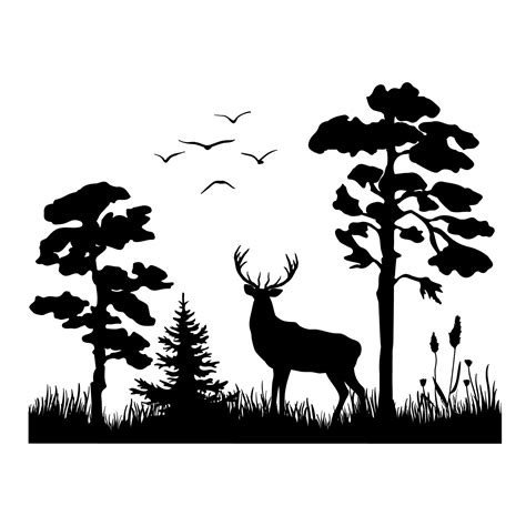 A black silhouette of a deer standing among the trees on the grass. Vector illustration of a ...