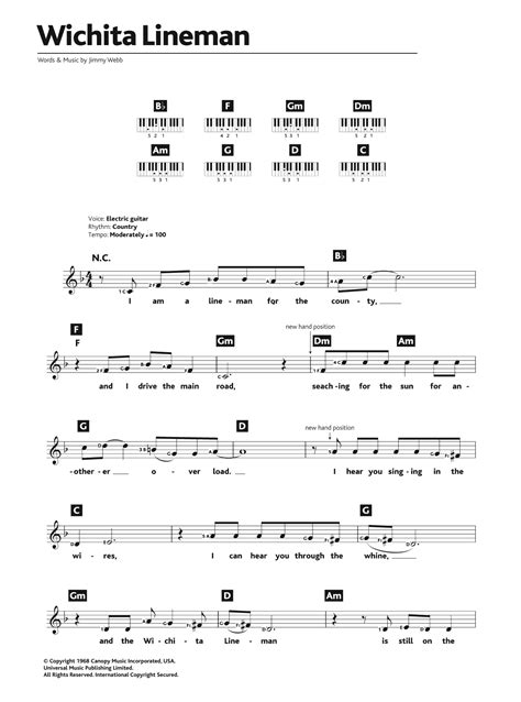 Wichita Lineman by Glen Campbell Sheet Music for Piano Chords/Lyrics at ...