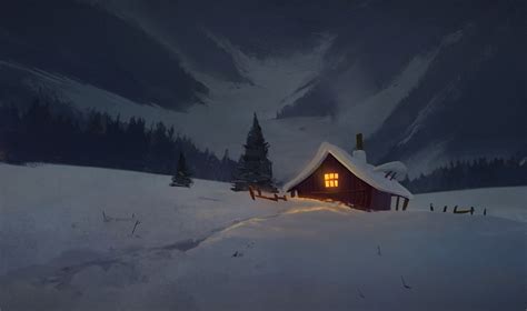 Download wallpaper 3840x2274 house, hut, night, snow, art hd background