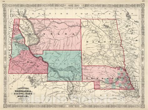 Historic Map : Johnson Map of Montana, Wyoming, Idaho, Nebraska and ...