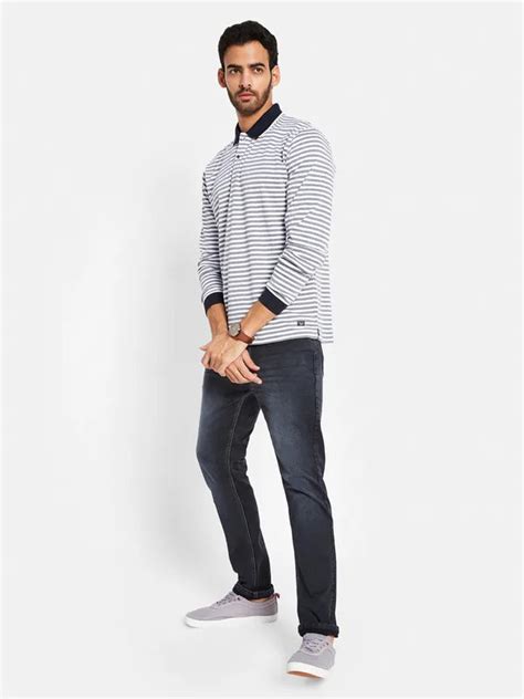 METTLE Men Navy Blue Striped High Neck Pockets T-shirt