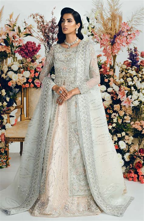 Open Gown Lehenga Dupatta Pakistani Silver Bridal Dress