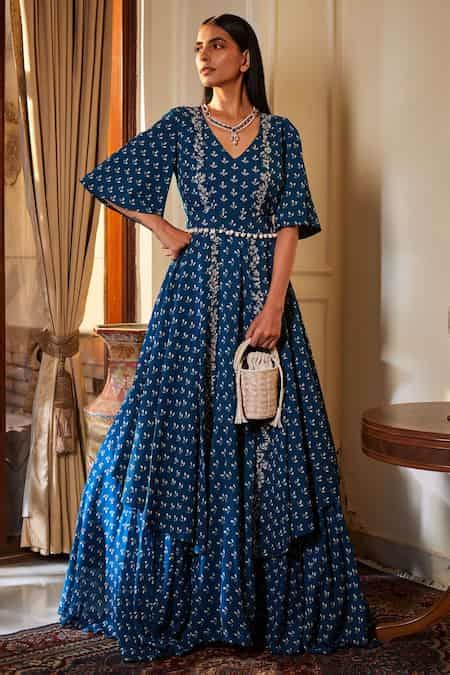 Buy Blue Georgette V Neck Embroidered Anarkali Set For Women by Sana ...