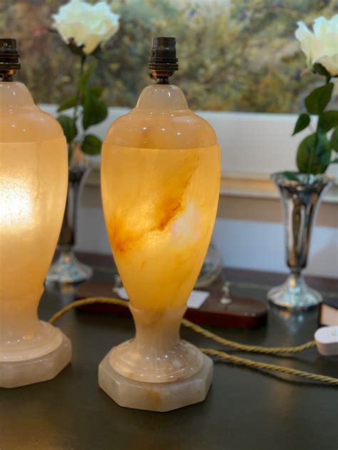 Superb Pair Of Twin Bulb Polished Alabaster Table Lamps, Circa 1930