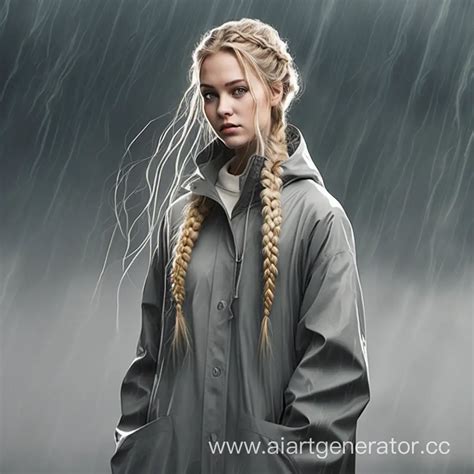 Young Woman in Gray Raincoat with Braided Blond Hair | AI Art Generator