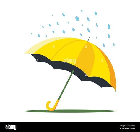 a yellow lonely umbrella lies on the ground and it is raining from the sky. flat vector ...