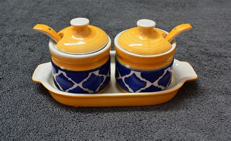 Buy RenHomz Ceramic Pickle Jar- Set of 2 with Tray and ceramic spoons ...