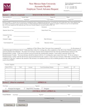 Fillable Online hr nmsu Employee Travel Advance Request No - route MSC ...