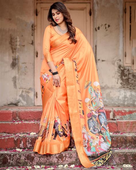 Sunset Orange Tussar Silk Saree with Royal Procession Pallu and Zari B ...