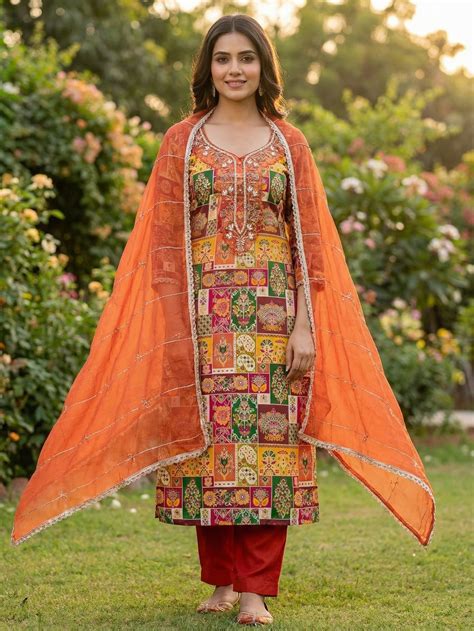 Graceful Orange Floral Weaving Viscose Banarasi Dress Material Adorned