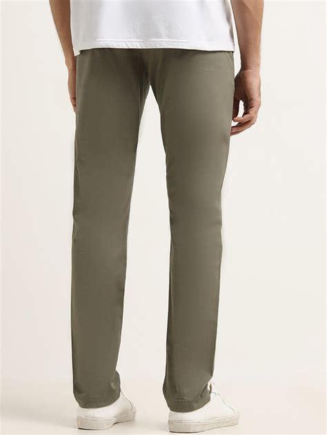 Buy WES Casuals Olive Cotton Blend Slim Fit Mid Rise Chinos from Westside