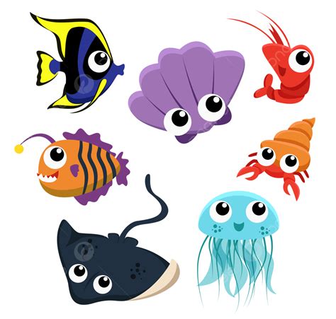 Sea Creatures Clipart Hd PNG, Set Of Sea Creatures On White Background ...