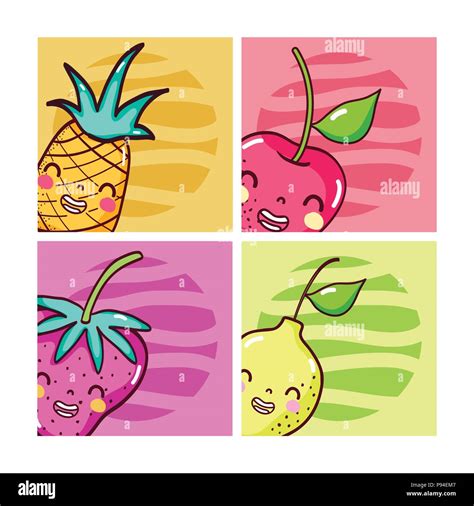 Set of Cute fruits cartoons cards vector illustration graphic design ...