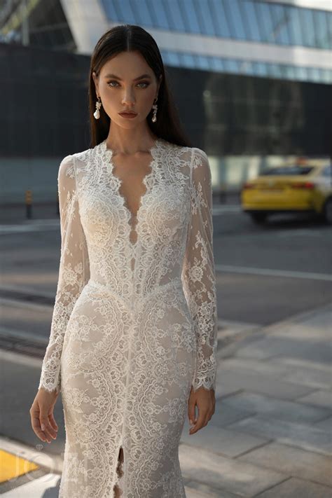 Modern Lace Wedding Dress With Long Sleeves,modern Unique Bridal Dress,v Neckline Dres,not White ...