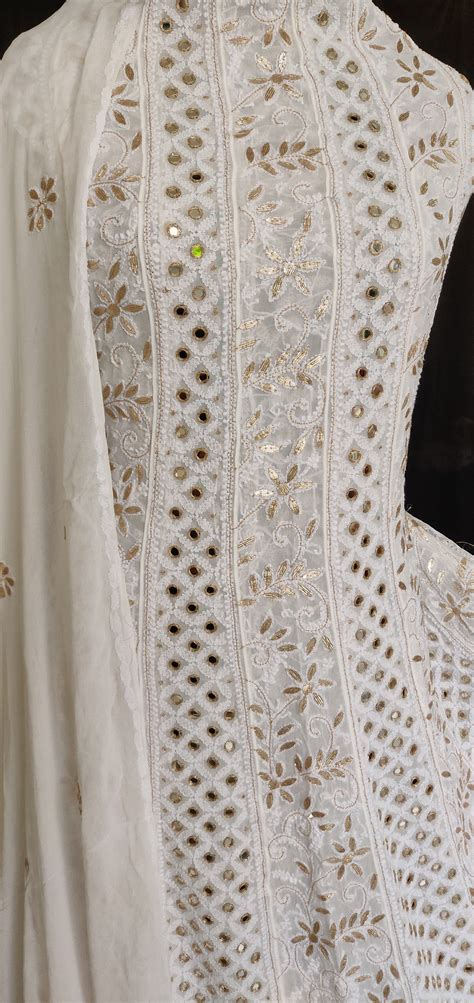 White Chikankari and mirror work anarkali with dupatta