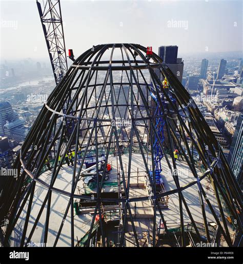 Construction of the peak of 30 St Mary Axe or the Gherkin, London, UK ...