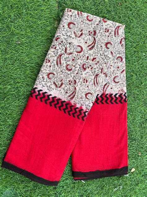 Kalamkari Cotton Hand Printed Gap Border Sarees – JSP Handlooms