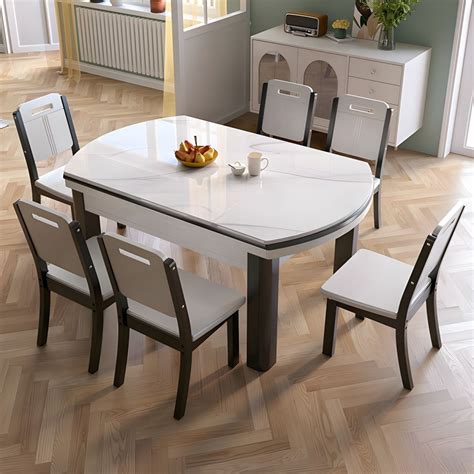 7-Piece Modern White Dining Set with Self-Storing Leaf and Seating for ...
