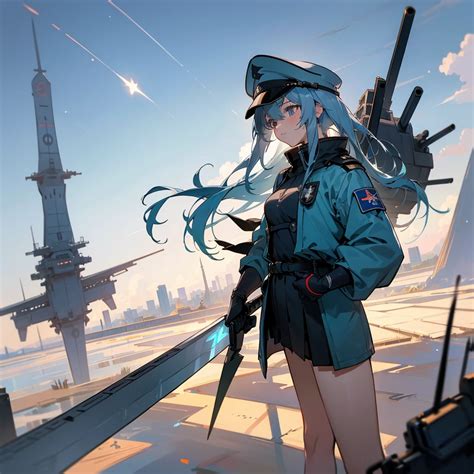 Faded blue hair {Blue Noah from Space Battleship Yamato} girl military cap - SeaArt AI