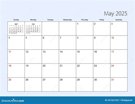Wall Calendar Planner for May 2025. English Language, Week Starts from ...