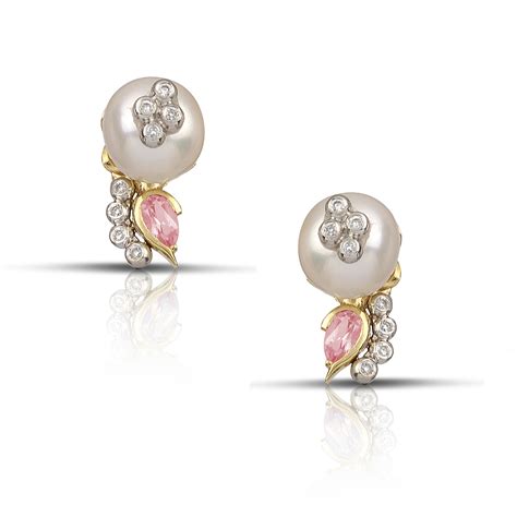 Small Treasure Pearl Earrings with Gold, Diamonds and Stones in Pink ...