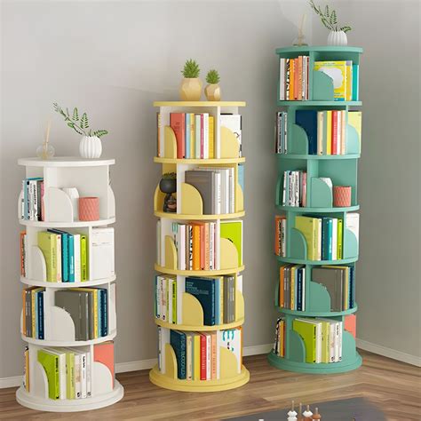 Modern Wooden Rotatable Storage Bookshelf Home Round Bookcase Bookcases