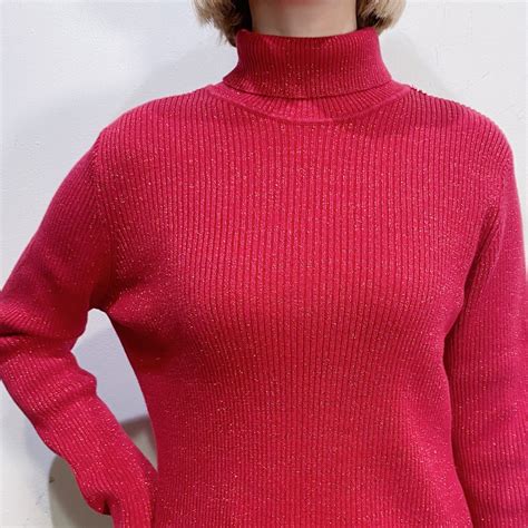 Red shiny high neck knit sweater【885】 | LEMON