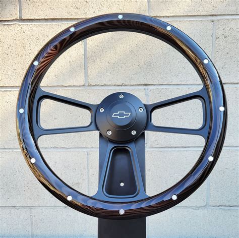 14" Black Billet Steering Wheel Real Dark Wood Burnt Pine Rivets Chevy Bowtie for Sale - emgCarTech