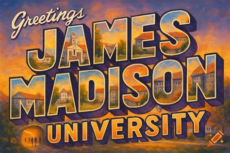 Vintage-style painted postcard with 'Greetings JAMES MADISON UNIVERSITY ...