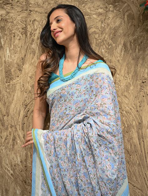 Buy Sanganer Summers : Hand Block Printed Mul Cotton Saree - Dhusar ...