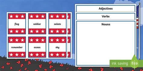 Veterans Day Noun, Verb, and Adjective Sorting Cards - Resources