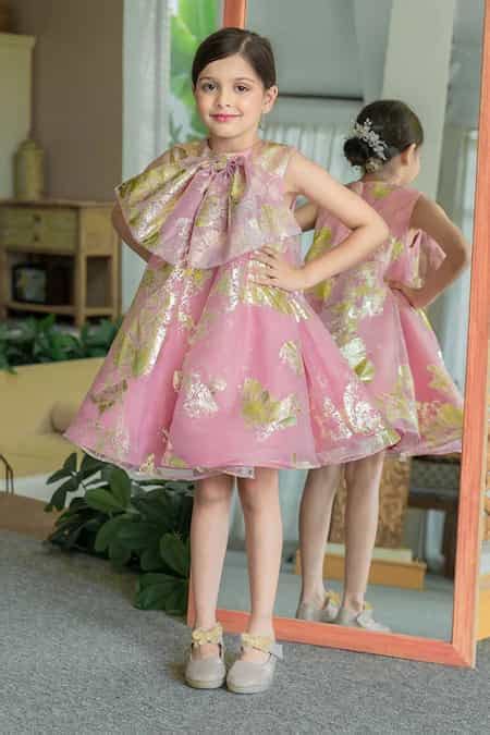 Buy Pink Organza, Silk, Net, Shantoon Bows, Foil Printing A-line Dress ...