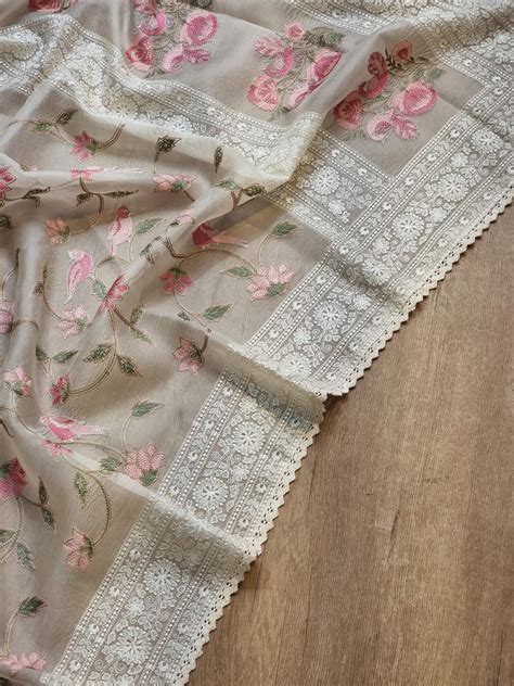 Pure Organza Silk Embroidery Katha Chikankari Border Saree with Velvet ...