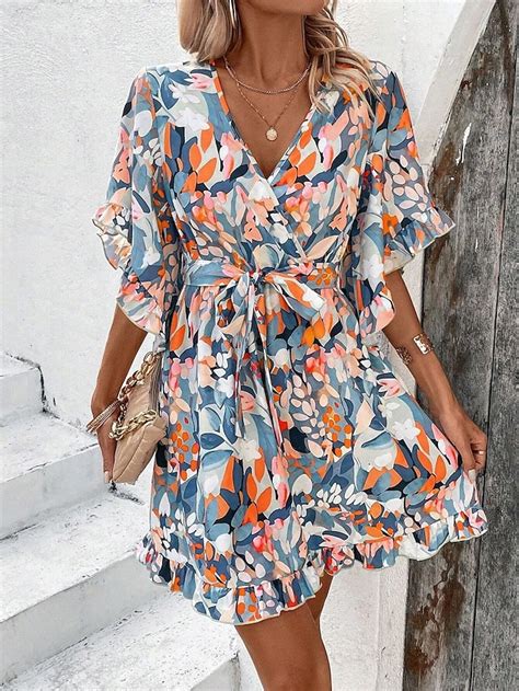 Women's Mini Dress Ruffle Dress Casual Flutter Sleeve Form Fit Ditsy ...